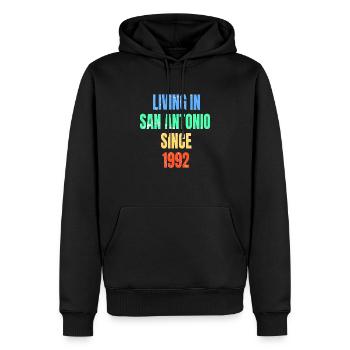 Rétro Vintage vivant à San Antonio depuis 1992 - Sweat à capuche Premium bio Homme - noir - Devant - Nico (187cm)