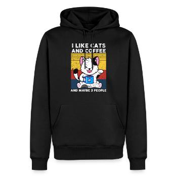 Lustig, ich mag Katzen und Kaffee und vielleicht 3 Leute - Männer Premium Bio Hoodie - Schwarz - Vorne - Nico (187cm)