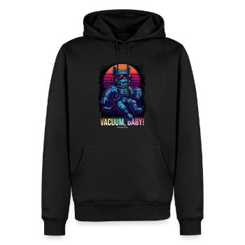 Retro Space Shirt "Vaccum, Baby!" – Synthwave Katz - Männer Premium Bio Hoodie - Schwarz - Vorne - Nico (187cm)