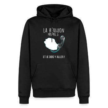 Réunion Au Bout Du Fil Humour Réunionnais - Sweat à capuche Premium bio Homme - noir - Devant - Nico (187cm)