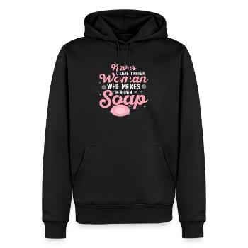 Never Underestimate A Woman Soapmaking Soapmaker - Men’s Premium Organic Hoodie - black - Front - Nico (187cm)