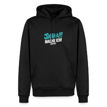 Lustiges Sprüche T-Shirt – JAHAA!!! MACHE ICH - Männer Premium Bio Hoodie - Schwarz - Vorne - Nico (187cm)