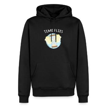 Zeit verfliegt... Fliegende Sanduhr Wortspiel - Männer Premium Bio Hoodie - Schwarz - Vorne - Nico (187cm)