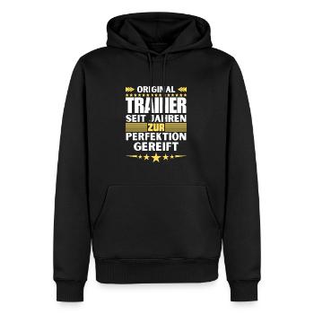 Zur Perfektion gereifter Trainer - Männer Premium Bio Hoodie - Schwarz - Vorne - Nico (187cm)