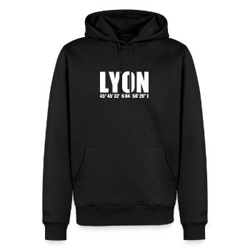 Lyon Koordinaten - Männer Premium Bio Hoodie - Schwarz - Vorne - Nico (187cm)