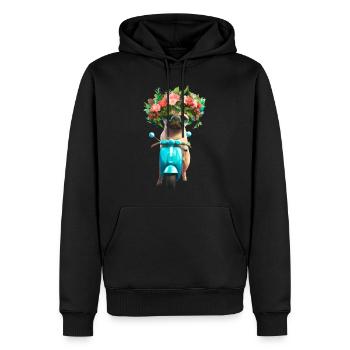 E-Rolller Mops mit Blumenkranz - Männer Premium Bio Hoodie - Schwarz - Vorne - Nico (187cm)