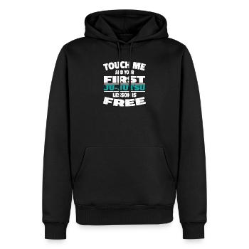 Touch me and your first Ju-Jutsu lesson is free - Männer Premium Bio Hoodie - Schwarz - Vorne - Nico (187cm)