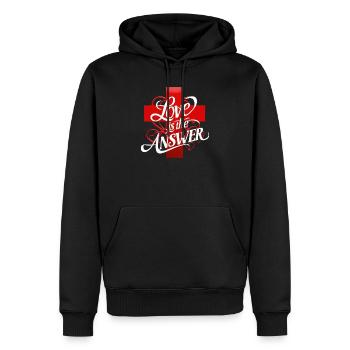 Liebe ist die Antwort Schriftzug - Männer Premium Bio Hoodie - Schwarz - Vorne - Nico (187cm)