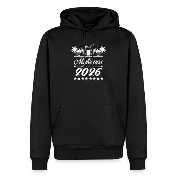 Logo plage Mykonos 2026 - Sweat à capuche Premium bio Homme - noir - Devant - Nico (187cm)