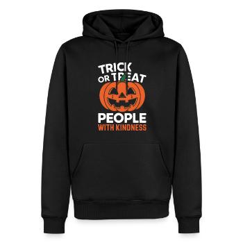 Treat People with Kindness! Pumpkin Halloween - Men’s Premium Organic Hoodie - black - Front - Nico (187cm)