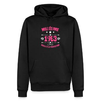 Femme Millésime 1963 Cadeau Anniversaire Humour - Sweat à capuche Premium bio Homme - noir - Devant - Nico (187cm)