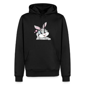 Lapin souriant écouter de la musique dans des écouteurs - Sweat à capuche Premium bio Homme - noir - Devant - Nico (187cm)