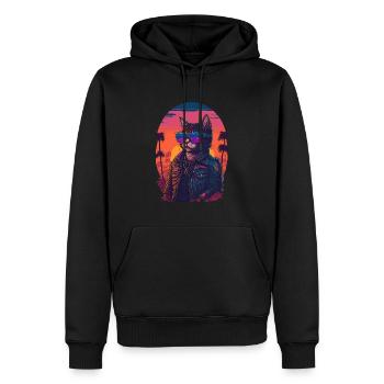 Illustration des années 80 d’un chat portant des lunettes de soleil - Sweat à capuche Premium bio Homme - noir - Devant - Nico (187cm)