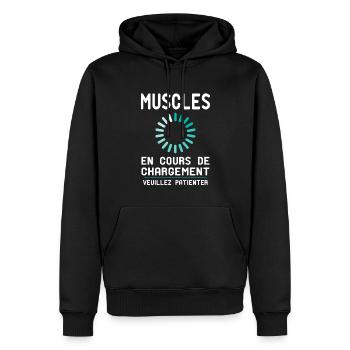 Muscles en Cours de Chargement - Cadeau Humour - Sweat à capuche Premium bio Homme - noir - Devant - Nico (187cm)