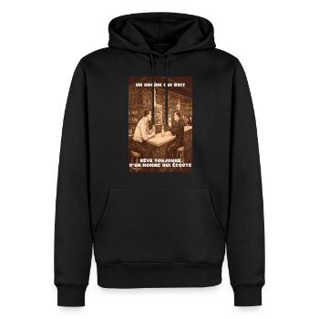 homme qui boit rêve toujours d'un homme qui écoute - Sweat à capuche Premium bio Homme - noir - Devant - Nico (187cm)