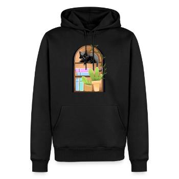Chat sur une étagère en forme de dôme avec des plantes - Sweat à capuche Premium bio Homme - noir - Devant - Nico (187cm)