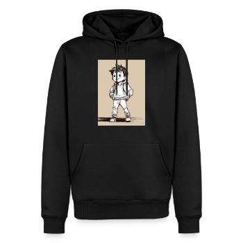 A young boy wearing pants and a jacket. - Sweat à capuche Premium bio Homme - noir - Devant - Nico (187cm)