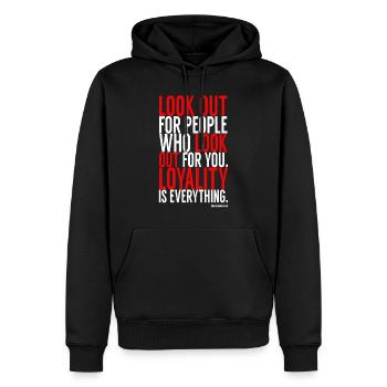 Look out for people - loyalty loyalty - Men’s Premium Organic Hoodie - black - Front - Nico (187cm)