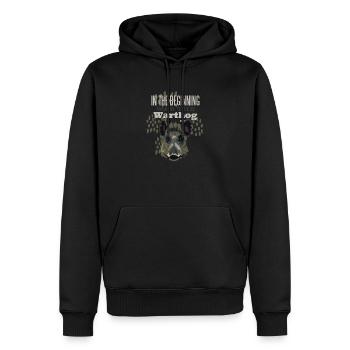 Am Anfang war das Warzenschwein. - Männer Premium Bio Hoodie - Schwarz - Vorne - Nico (187cm)