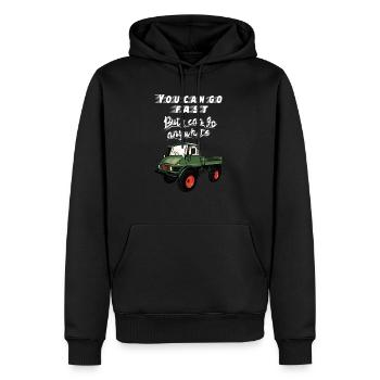 You can go faster, but I can go ANYWHERE! Unimog - Männer Premium Bio Hoodie - Schwarz - Vorne - Nico (187cm)