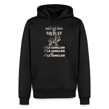 Chasse au sanglier, idée cadeau papa chasseur - Sweat à capuche Premium bio Homme - noir - Devant - Nico (187cm)