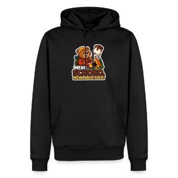 Comic Bär mit Schoko Abenteuer am Lagerfeuer - Männer Premium Bio Hoodie - Schwarz - Vorne - Nico (187cm)