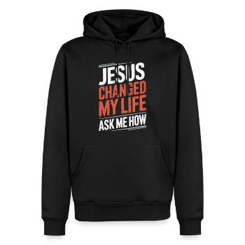 Jesus changed my life! Ask me how! Christian Jesus - Men’s Premium Organic Hoodie - black - Front - Nico (187cm)