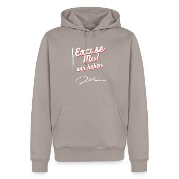 Excuse Me - Men’s Premium Organic Hoodie - taupe - Front - Nico (187cm)