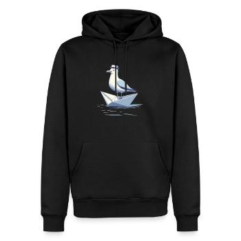 Möwe mit Hut in Papierschiffchen, Moin - Männer Premium Bio Hoodie - Schwarz - Vorne - Nico (187cm)