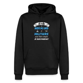 Je suis normand et militaire je suis parfait - Sweat à capuche Premium bio Homme - noir - Devant - Nico (187cm)