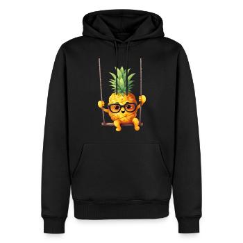 Schwein mit Sonnenblumenkranz, Charmantes - Männer Premium Bio Hoodie - Schwarz - Vorne - Nico (187cm)