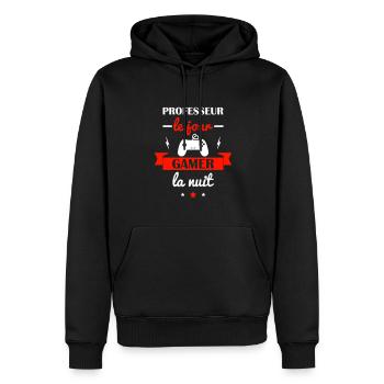 professeur le jour,gamer la nuit,geek,prof - Sweat à capuche Premium bio Homme - noir - Devant - Nico (187cm)