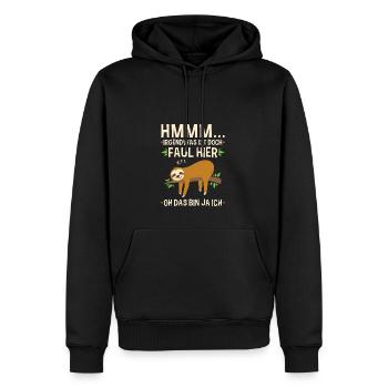 Faultier Büro Spruch Sloth, Irgendwas Ist Hier - Männer Premium Bio Hoodie - Schwarz - Vorne - Nico (187cm)