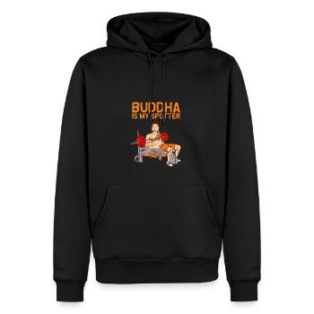 Buddha ist mein Spotter - Fitnessstudio - Männer Premium Bio Hoodie - Schwarz - Vorne - Nico (187cm)