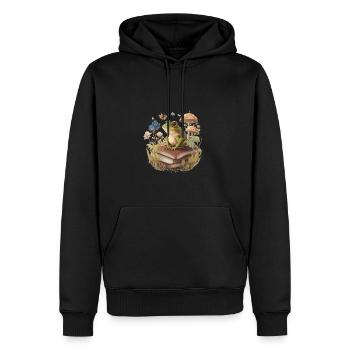 White Cottagecore Aesthetic Mushroom Frog Reading - Men’s Premium Organic Hoodie - black - Front - Nico (187cm)
