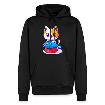 Süße Katze mit Fisch auf dem Futternapf - Männer Premium Bio Hoodie - Schwarz - Vorne - Nico (187cm)