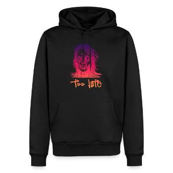 too late pink - Men’s Premium Organic Hoodie - black - Front - Nico (187cm)