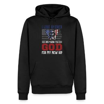 I love america and thank you God for my new hip - Männer Premium Bio Hoodie - Schwarz - Vorne - Nico (187cm)