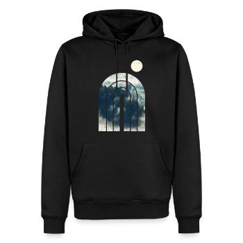 Geometrisches Design - Wald im Nebel - Männer Premium Bio Hoodie - Schwarz - Vorne - Nico (187cm)