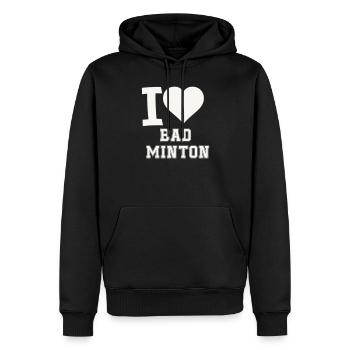 J’adore le cœur du badminton - Sweat à capuche Premium bio Homme - noir - Devant - Nico (187cm)