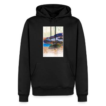 Grèce Affiche de voyage vintage avec la ville de Lindos - Sweat à capuche Premium bio Homme - noir - Devant - Nico (187cm)