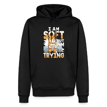 I AM SOFT BUT I'M TRYING für einen - Männer Premium Bio Hoodie - Schwarz - Vorne - Nico (187cm)