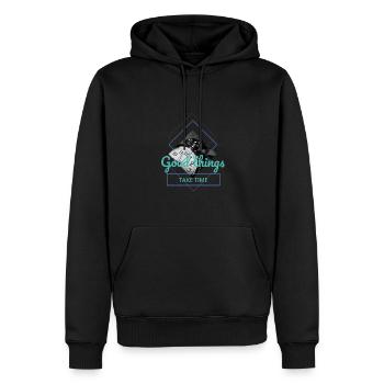 I love clothes / Good things take time - Männer Premium Bio Hoodie - Schwarz - Vorne - Nico (187cm)