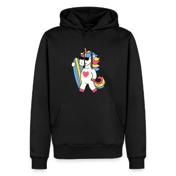 EINHORN SURFEN EINHÖRNER SURFING SURFBRETT MOTIV - Männer Premium Bio Hoodie - Schwarz - Vorne - Nico (187cm)