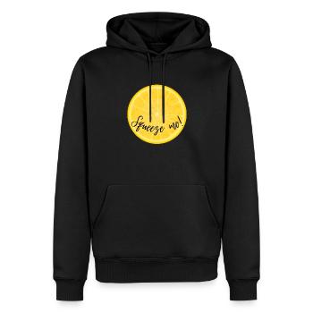 Quetsch mich | Zitrone, lustige Sprüche - Männer Premium Bio Hoodie - Schwarz - Vorne - Nico (187cm)