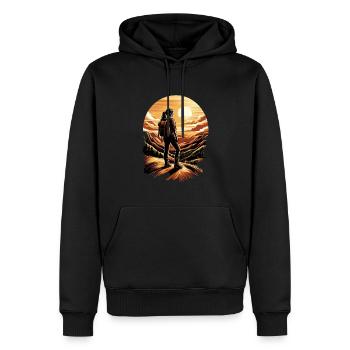 Sonnenaufgang: Eine unabhängige Reisende - Männer Premium Bio Hoodie - Schwarz - Vorne - Nico (187cm)