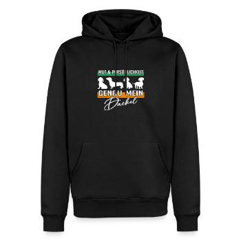 Mut, Intelligenz, Persönlichkeit, mein Dackel - Männer Premium Bio Hoodie - Schwarz - Vorne - Nico (187cm)