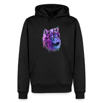 Neon Wolfskopf pink/lila/blau in Seitenansicht - Männer Premium Bio Hoodie - Schwarz - Vorne - Nico (187cm)