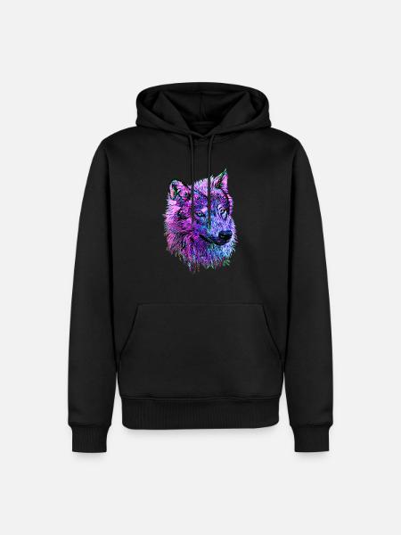 Neon Wolf's head pink/purple/blue in side view - Men’s Premium Organic Hoodie - black