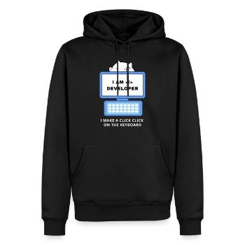 I am a developer - I make a click click - Männer Premium Bio Hoodie - Schwarz - Vorne - Nico (187cm)